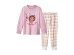 Pink long-sleeved pajama top with a Gabby's Dollhouse character print and striped pajama bottoms.