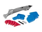 A caulking tool kit with a cutter and various sized plastic smoothing tools.