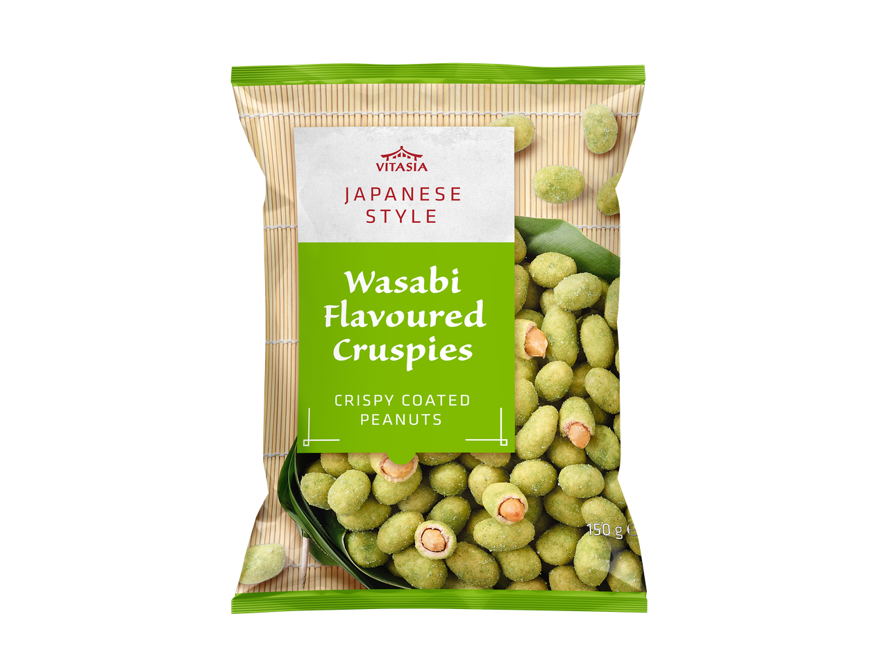 Sachet de cacahuètes enrobées saveur wasabi, style japonais, 150 g.