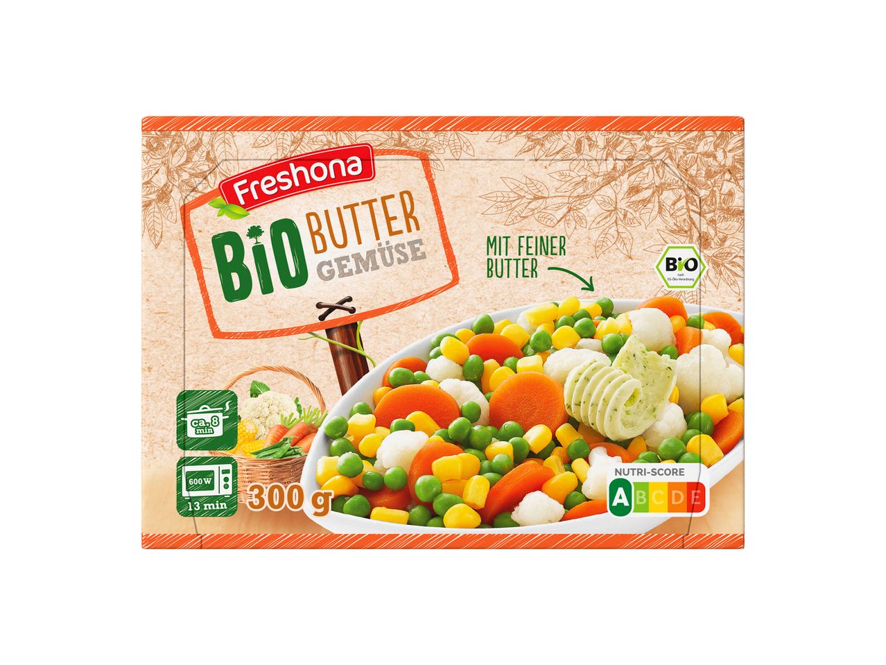 Verpackung für Bio-Buttergemüse mit Koch- und Mikrowellenanleitung und Nutri-Score A.