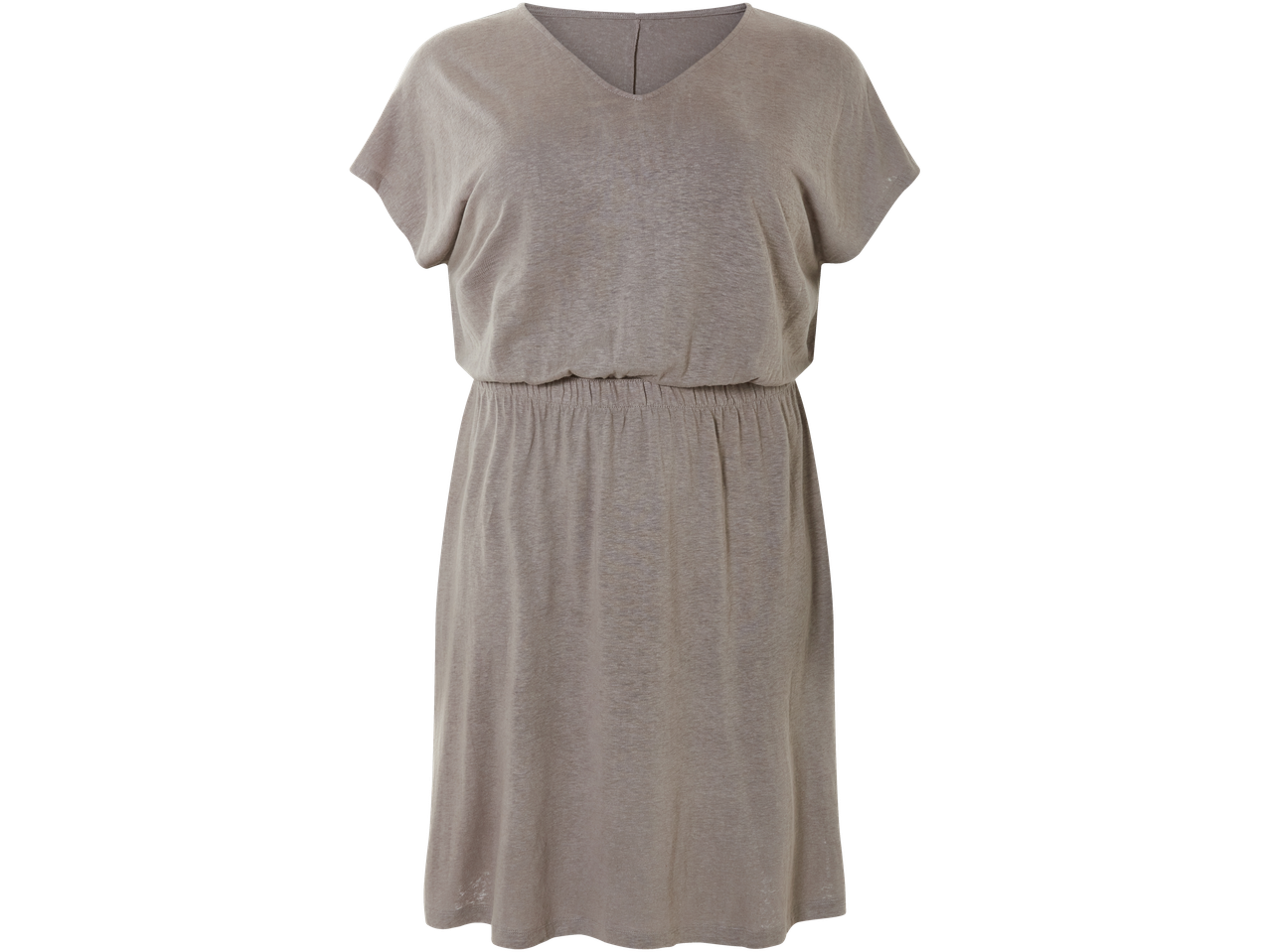 Bež lanena obleka s kratkimi rokavi.