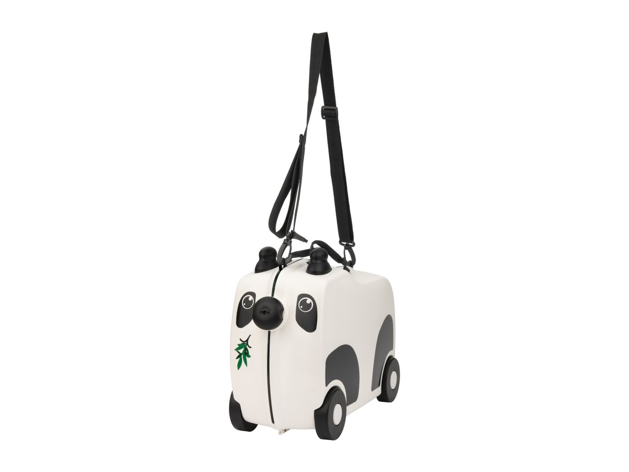 White panda-shaped children's ride-on suitcase with black wheels and shoulder strap