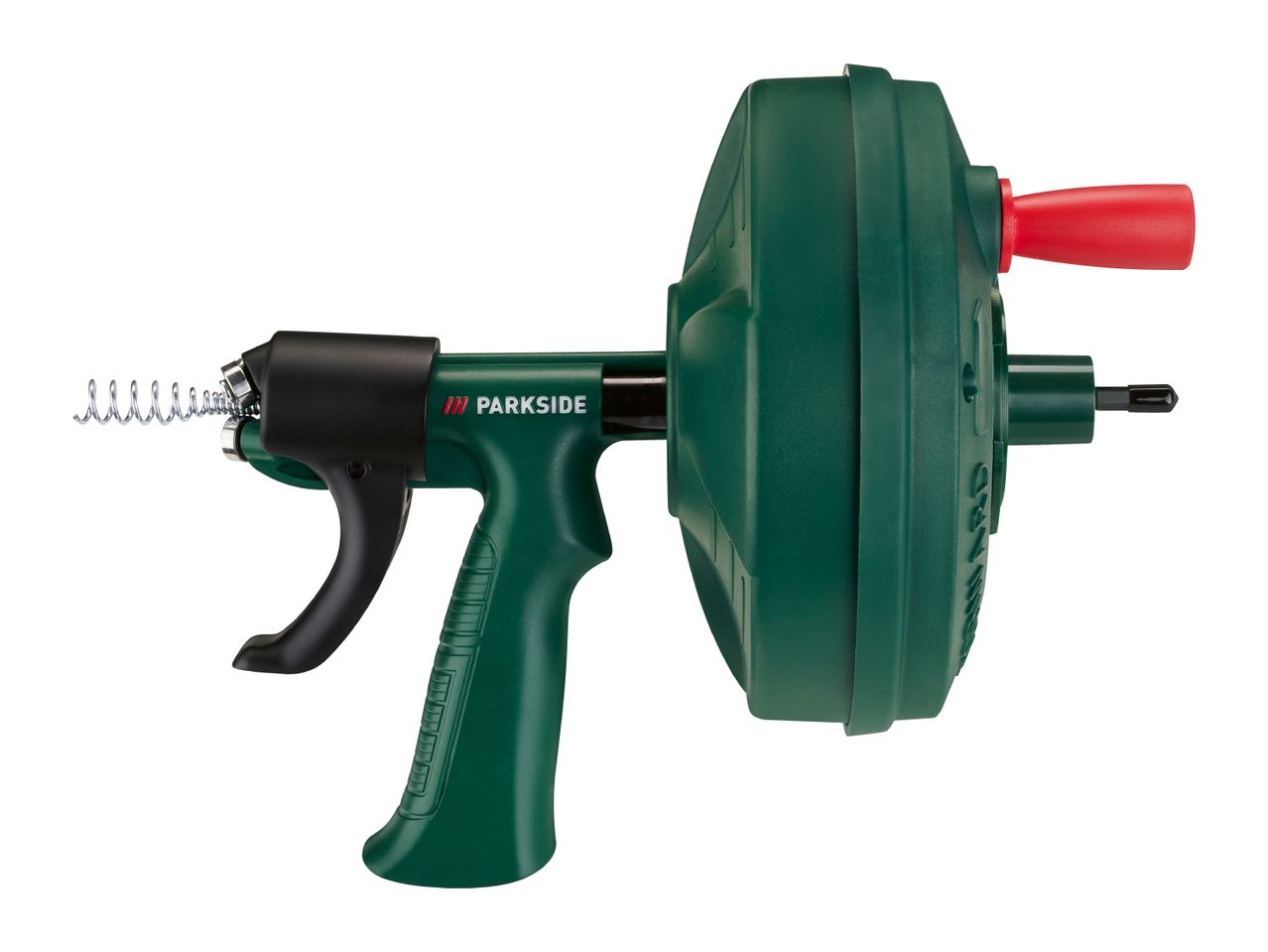 Green drain cleaner with a red handle and a metal spring extending from the front.