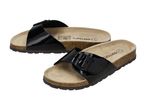 Pair of black patent leather slide sandals with cork soles
