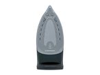 Bottom view of a grey and black iron with a ceramic coated soleplate.