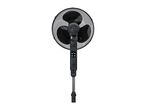 Black pedestal fan with a mesh grille and control panel on a white background.