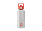 Eine weiße Creavit Trinkflasche mit orangenem Deckel und Tragegriff.