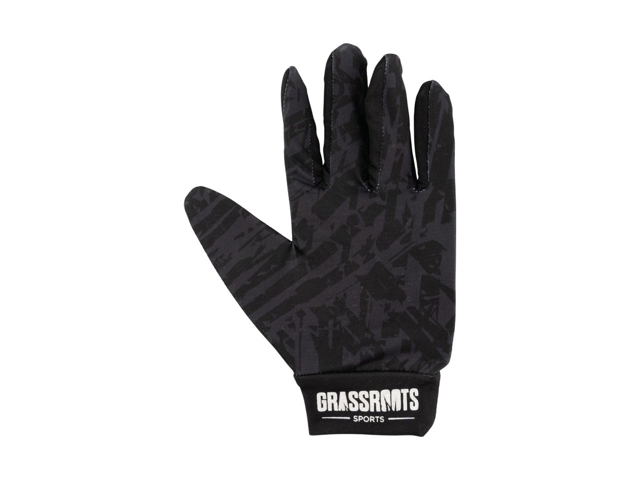 Black sports glove with a subtle geometric pattern and white text on the cuff.