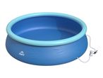 Blue inflatable swimming pool with a light blue top ring and an external filter pump.