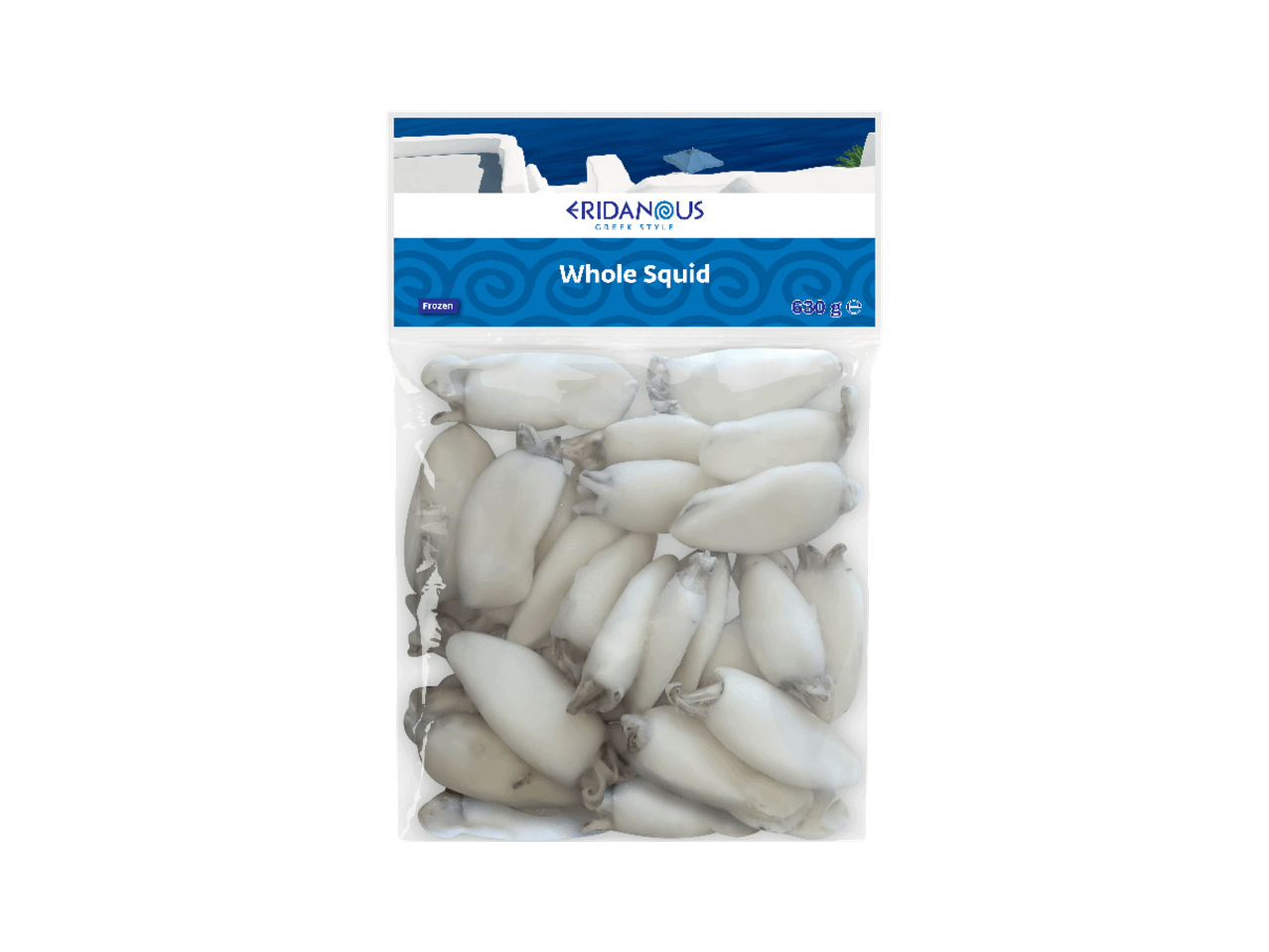 Pakovanje smrznute cele lignje sa grčkom temom i natpisom 'Whole Squid'.
