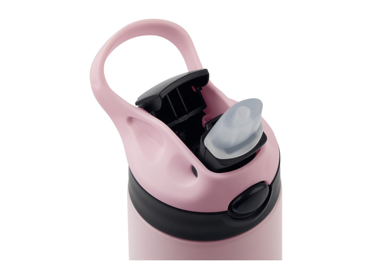 Close-up of a pink water bottle with a black lid and a clear straw.