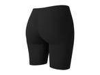 Rear view of black women's cycling shorts or athletic leggings.