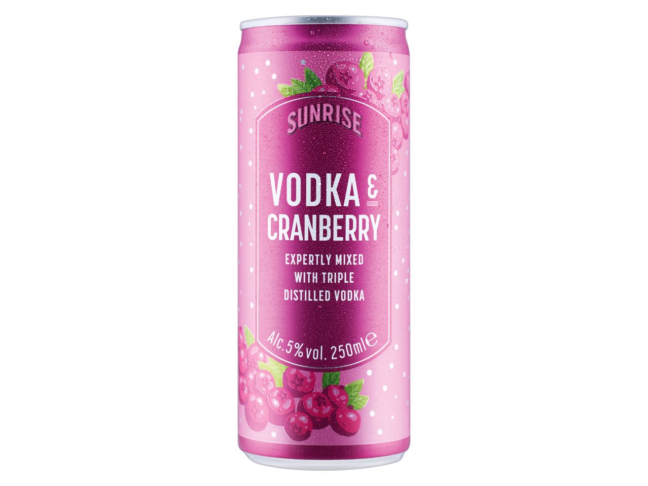 A Sunrise Vodka & Cranberry ready-to-drink canned cocktail.