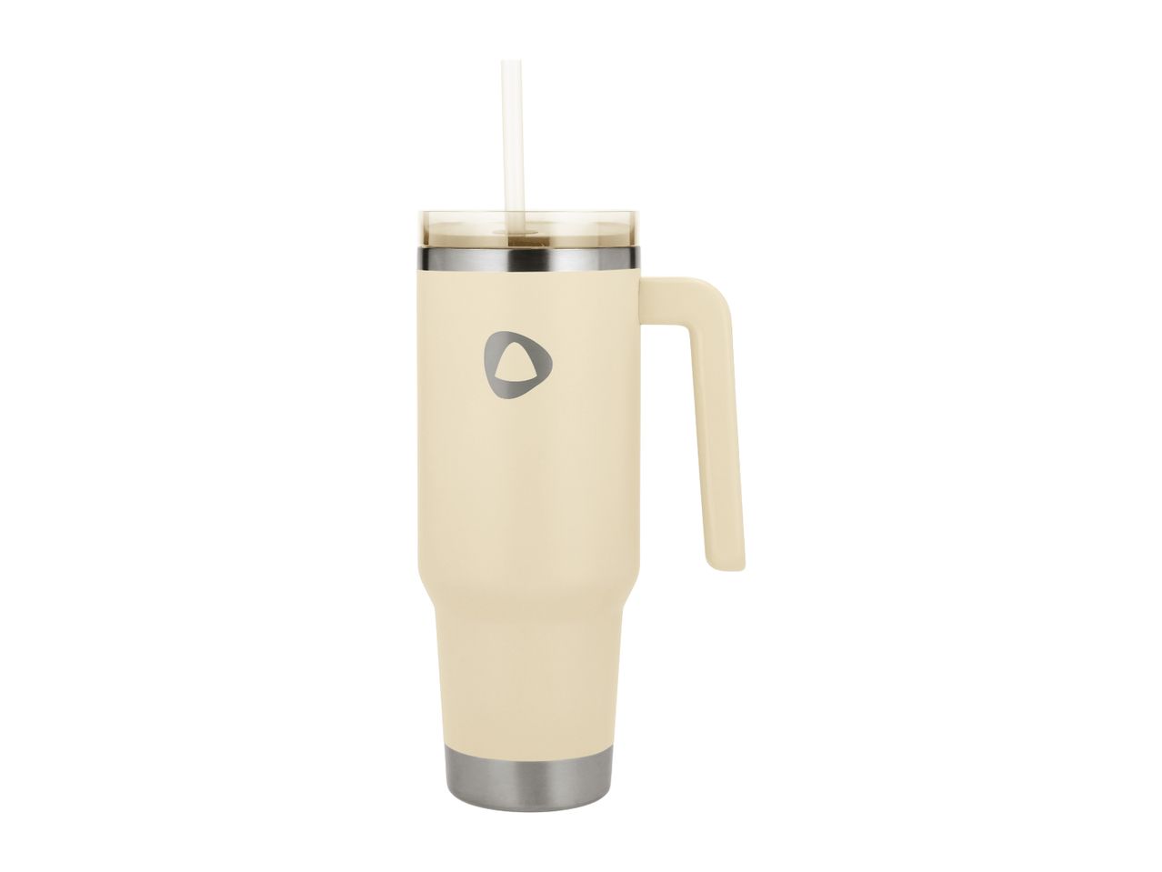 Cream-colored insulated tumbler with a handle, a clear lid, and a straw.