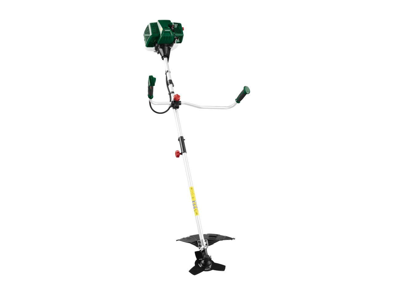 Green and white petrol brush cutter with a black cutting blade.