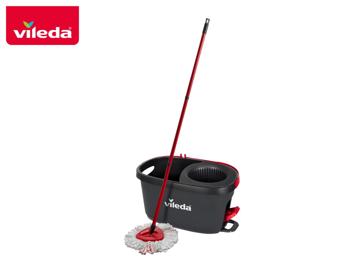 Red and black mop and bucket set with a white mop head, on a white background.
