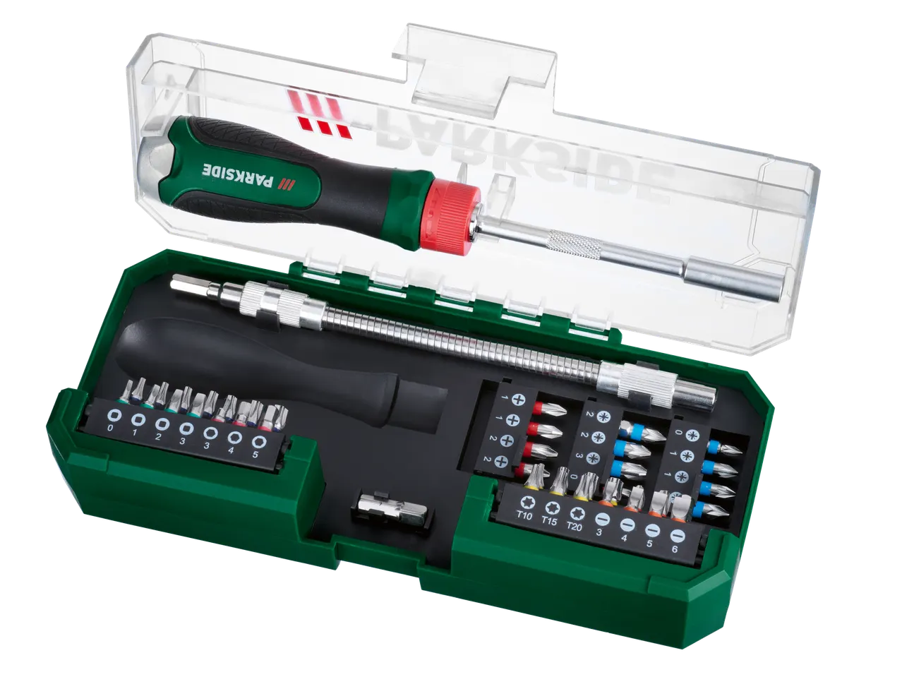 PARKSIDE skrūvgriežu komplekts ar rokturi, elastīgu pagarinātāju un uzgaļiem futrālī.