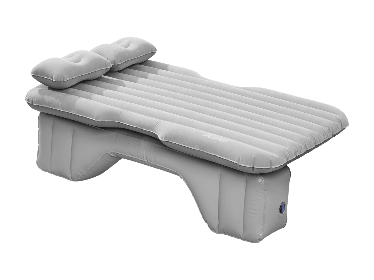 Matelas gonflable gris pour voiture avec oreillers intégrés.