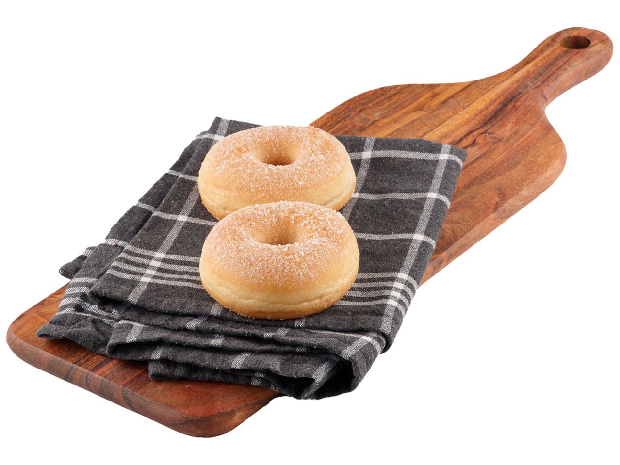 Två sockerdonuts på en träbräda.