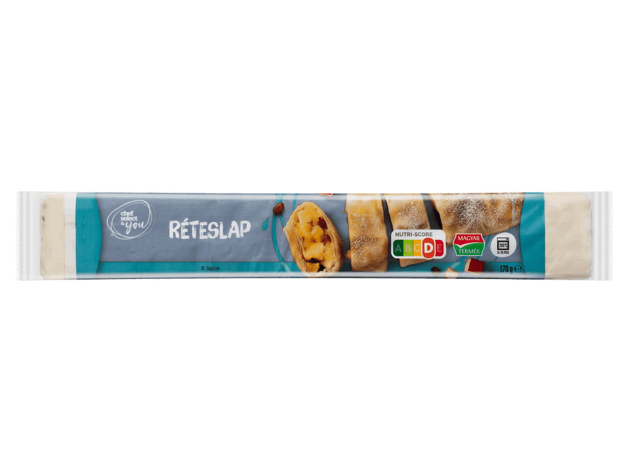 9 lapos réteslap csomagolásban, sütési javaslattal.