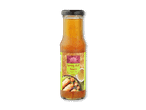 En flaske forårsrullesauce med et billede af forårsruller og en skål sauce på etiketten.