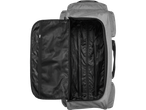 Open grey travel bag with interior compartments.