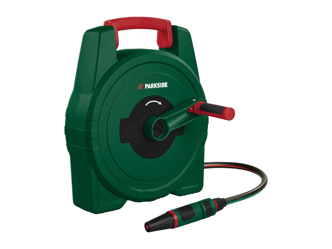 Green hose reel with a red handle and a black hose with a nozzle.