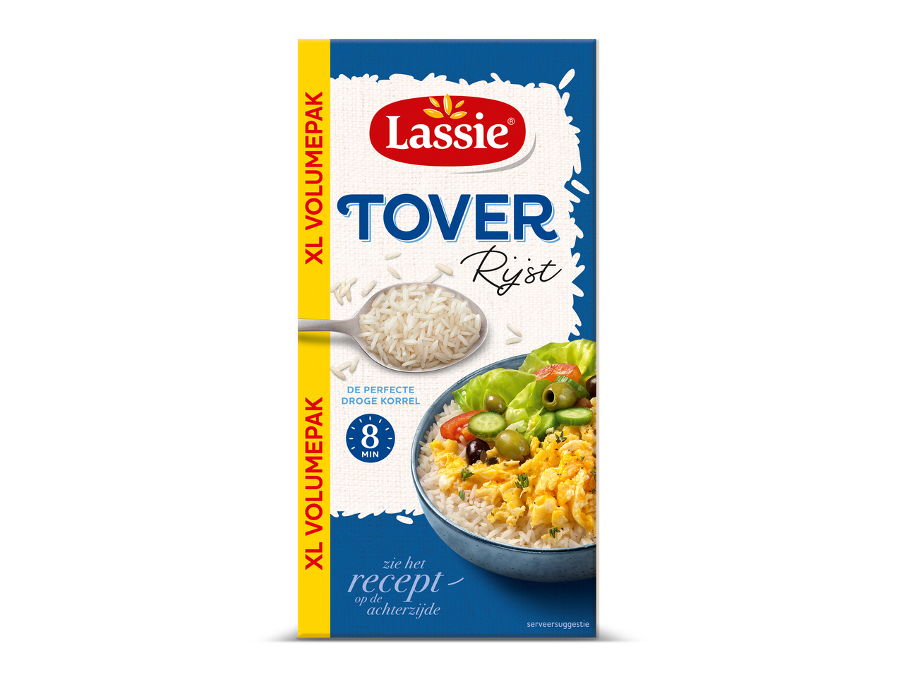 Verpakking van rijst met een lepel rijst en een kom met rijst en salade.