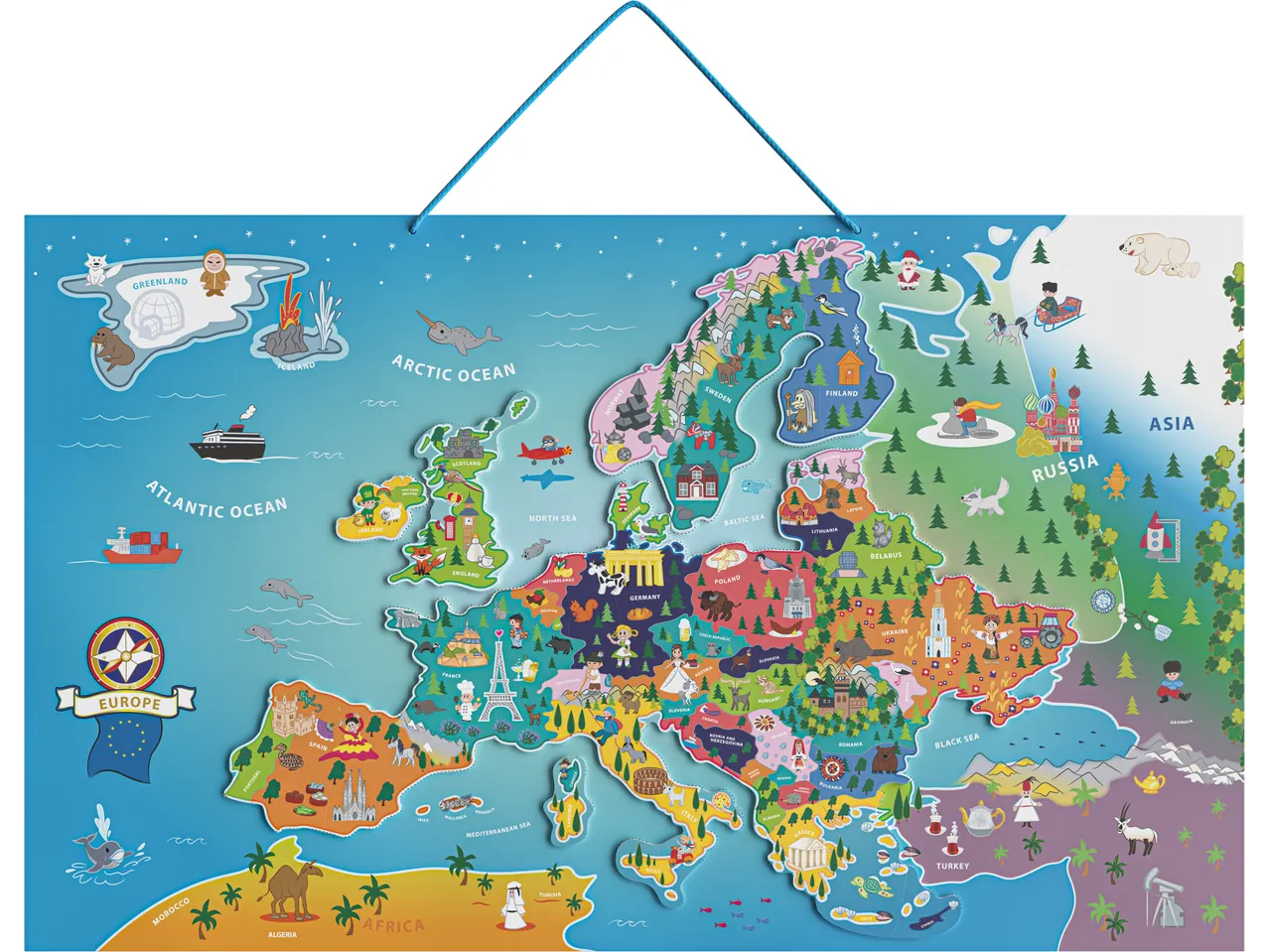 LUPILU® magnetinis medinis Europos žemėlapis su gyvūnais ir lankytinomis vietomis.