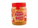A jar of crunchy peanut butter with a red lid and label, showing peanuts and nutritional information.