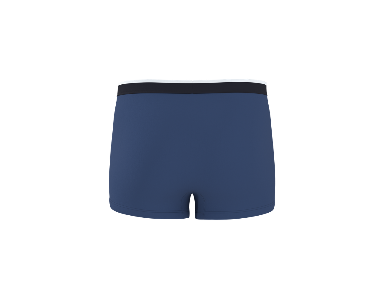 Boxers azuis com cós elástico preto e branco.