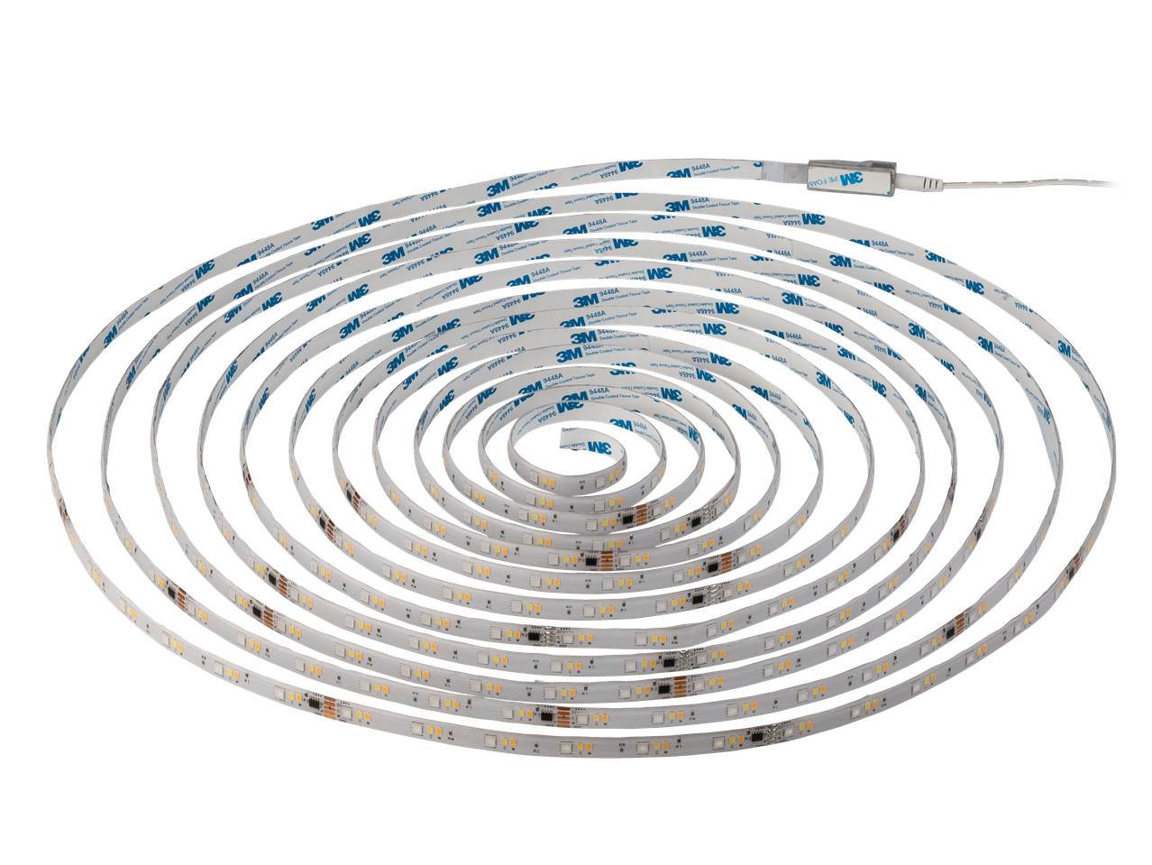 Coiled LED strip lights with warm and cool white diodes, backed with double-sided adhesive tape.