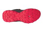 The bottom of a black and pink hiking shoe with a bright red sole.