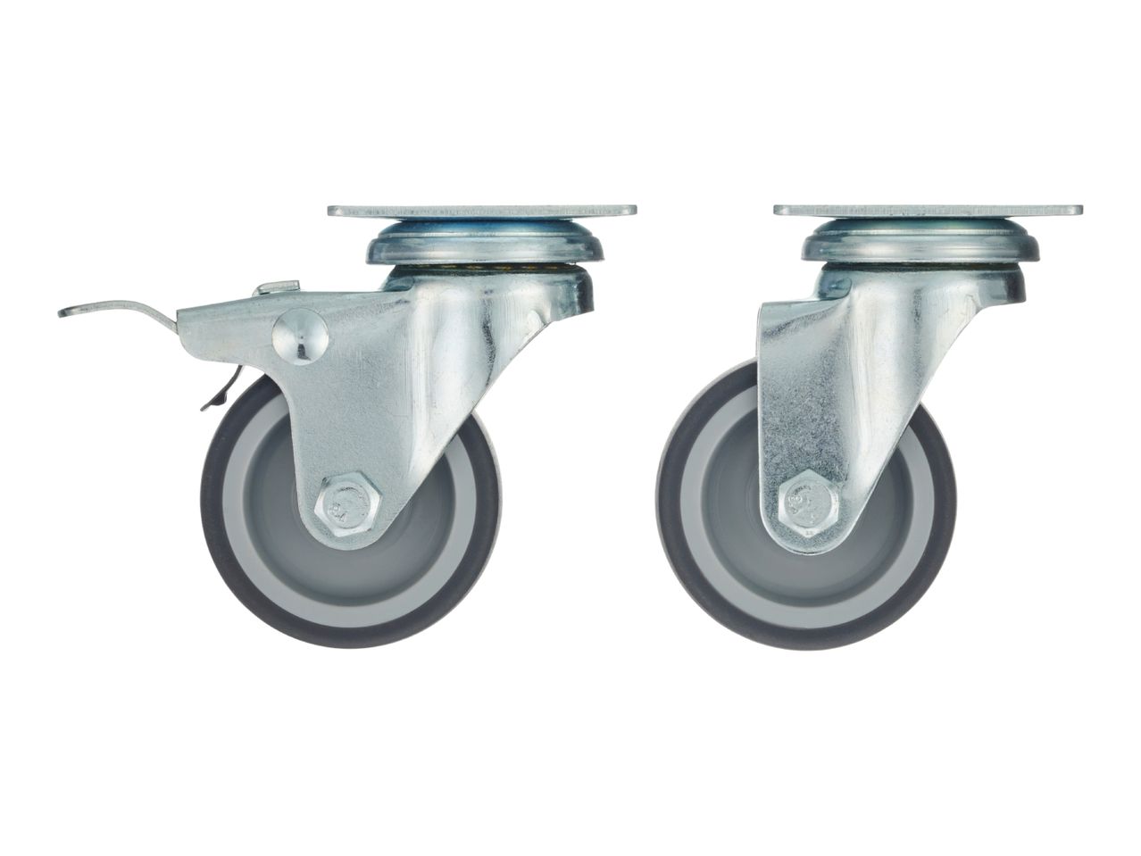 Two grey swivel casters, one with a brake, on a white background.