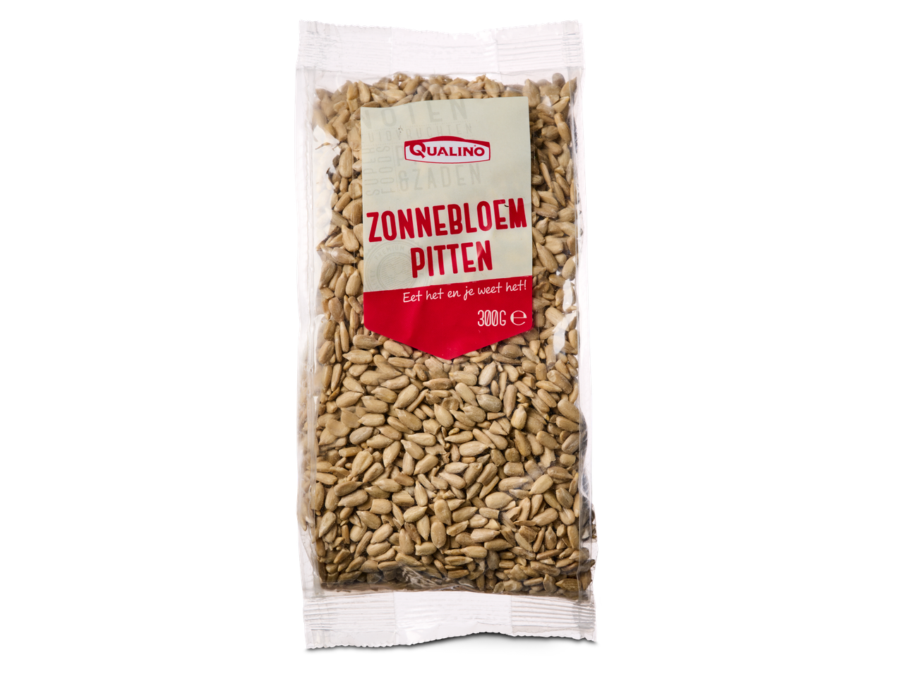 Qualino zonnebloempitten: 300g zak gepofte zonnebloemzaden.