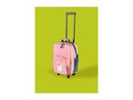 Pink children's trolley suitcase with a unicorn design on a green background.