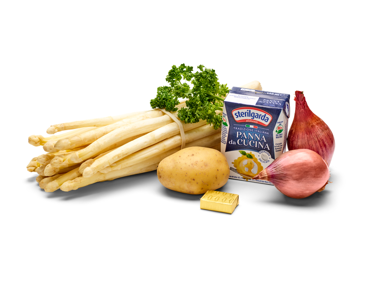 Witte asperges, aardappel, peterselie, uien, boter en kookroom voor aspergesoep.