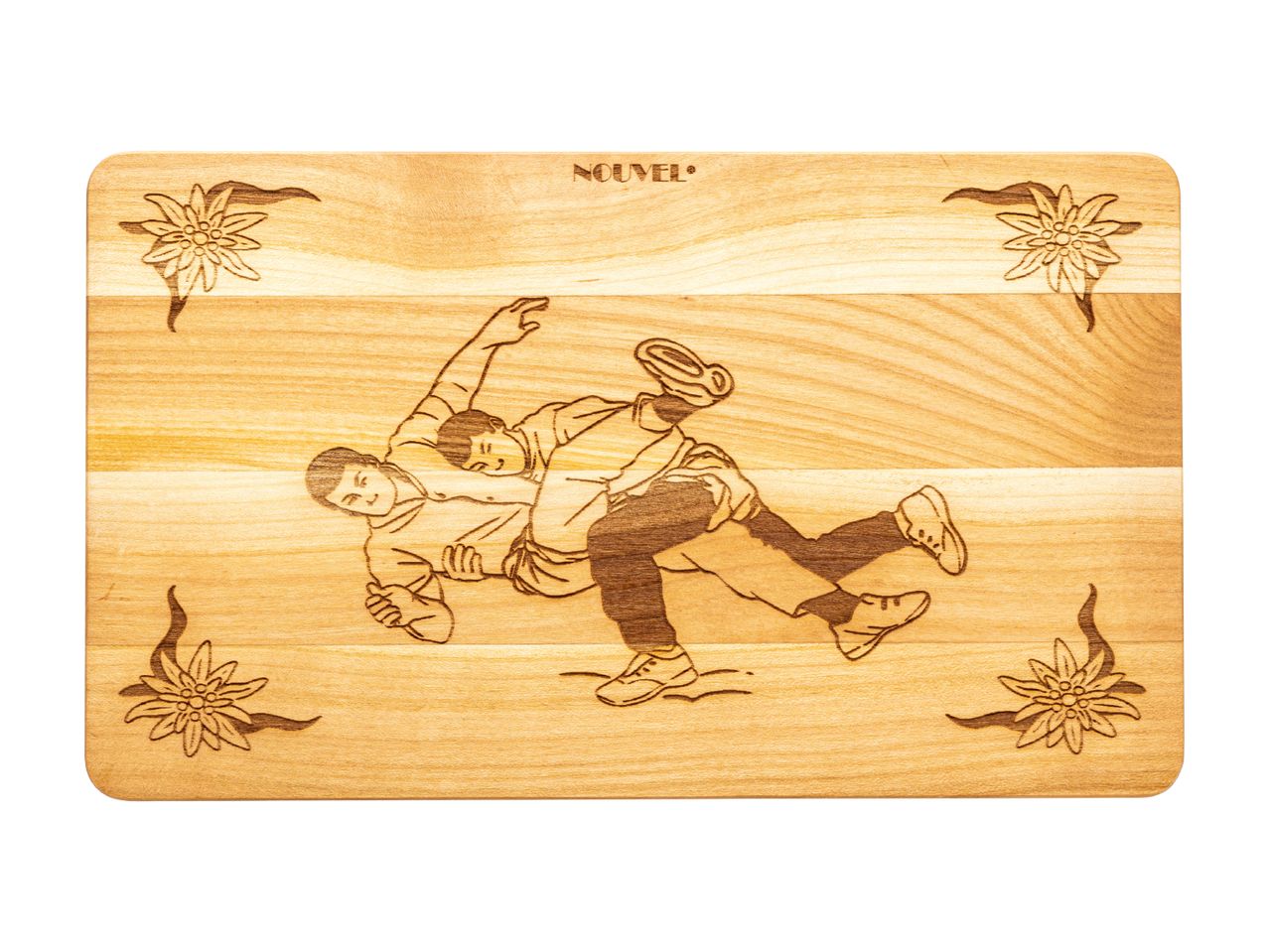Planche à découper en bois gravée d'une scène de lutte.