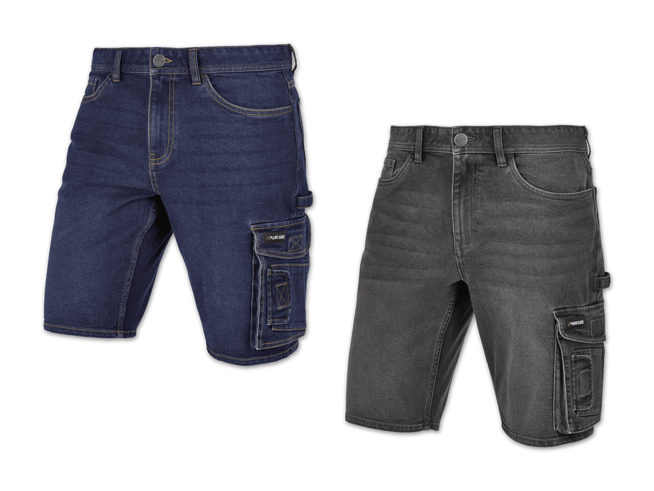 Zwei Jeans-Shorts in Dunkelblau und Grau mit Cargotaschen.