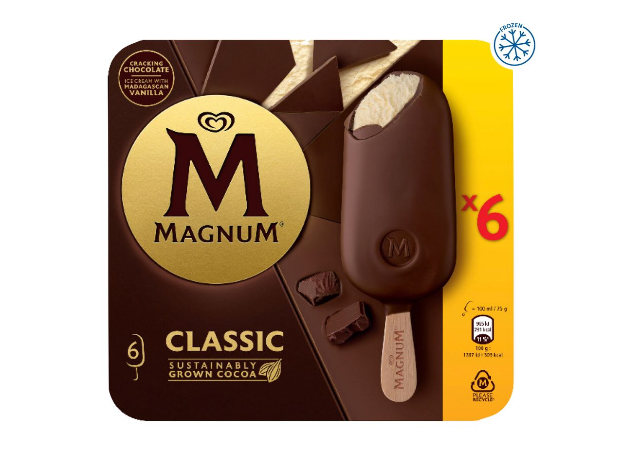 Magnum Classic ice cream sticks with cracking chocolate and Madagascan vanilla, 6-pack.