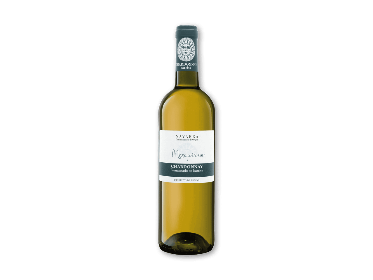 Hvidvin med etikette, der viser en sol og teksten 'Chardonnay fermentado en barrica'.