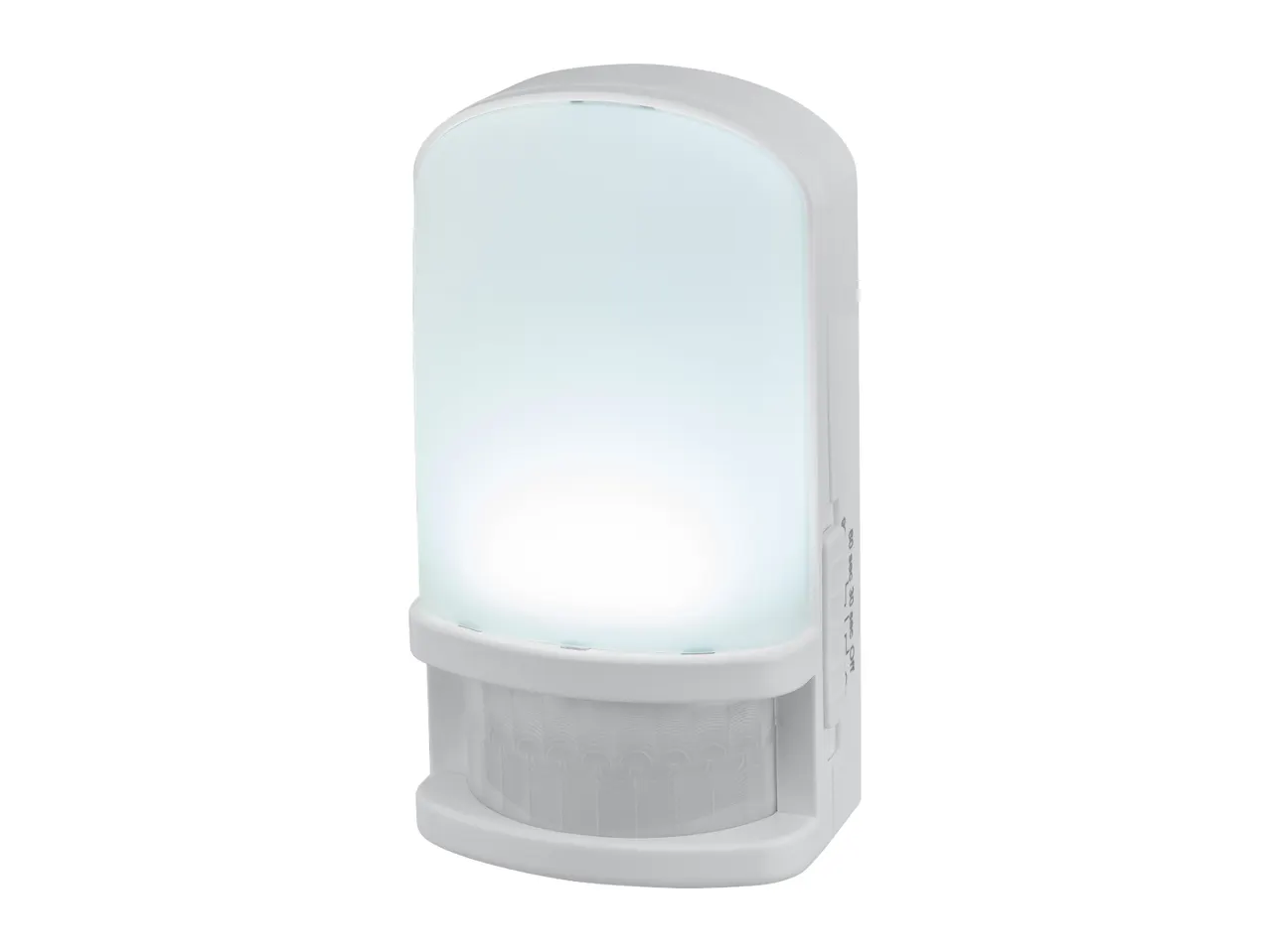 White motion sensor night light with an illuminated panel.
