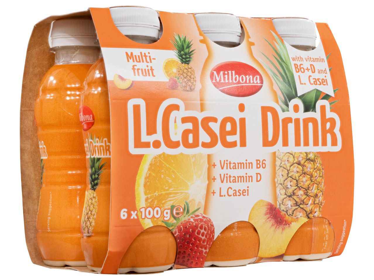 Milbona L.Casei Drink multi-fruit italok 6 x 100g-os kiszerelésben.