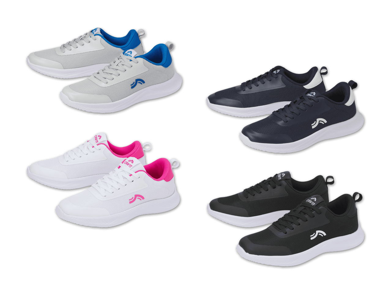 Vier Paar Crivit Sportschuhe in Grau-Blau, Dunkelblau-Weiß, Weiß-Pink und Schwarz-Weiß