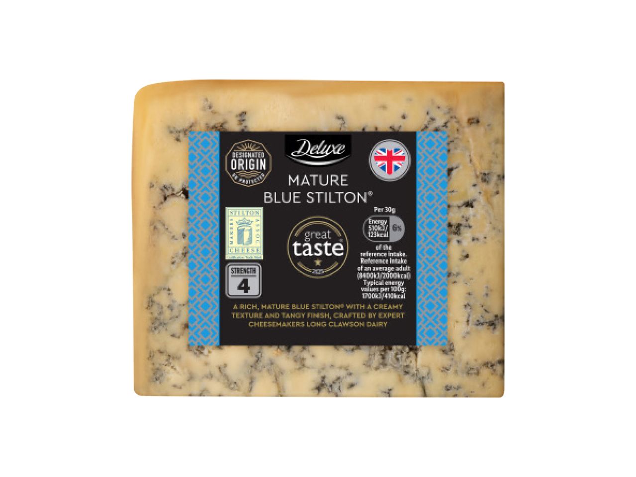 Deluxe Mature Blue Stilton cheese with a Great Taste award and strength rating of 4.