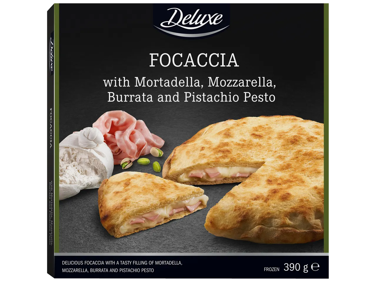 Deluxe Focaccia met Mortadella, Mozzarella, Burrata en Pistache Pesto, 390g.