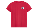T-shirt rouge avec trois planches de surf stylisées sur la poitrine.