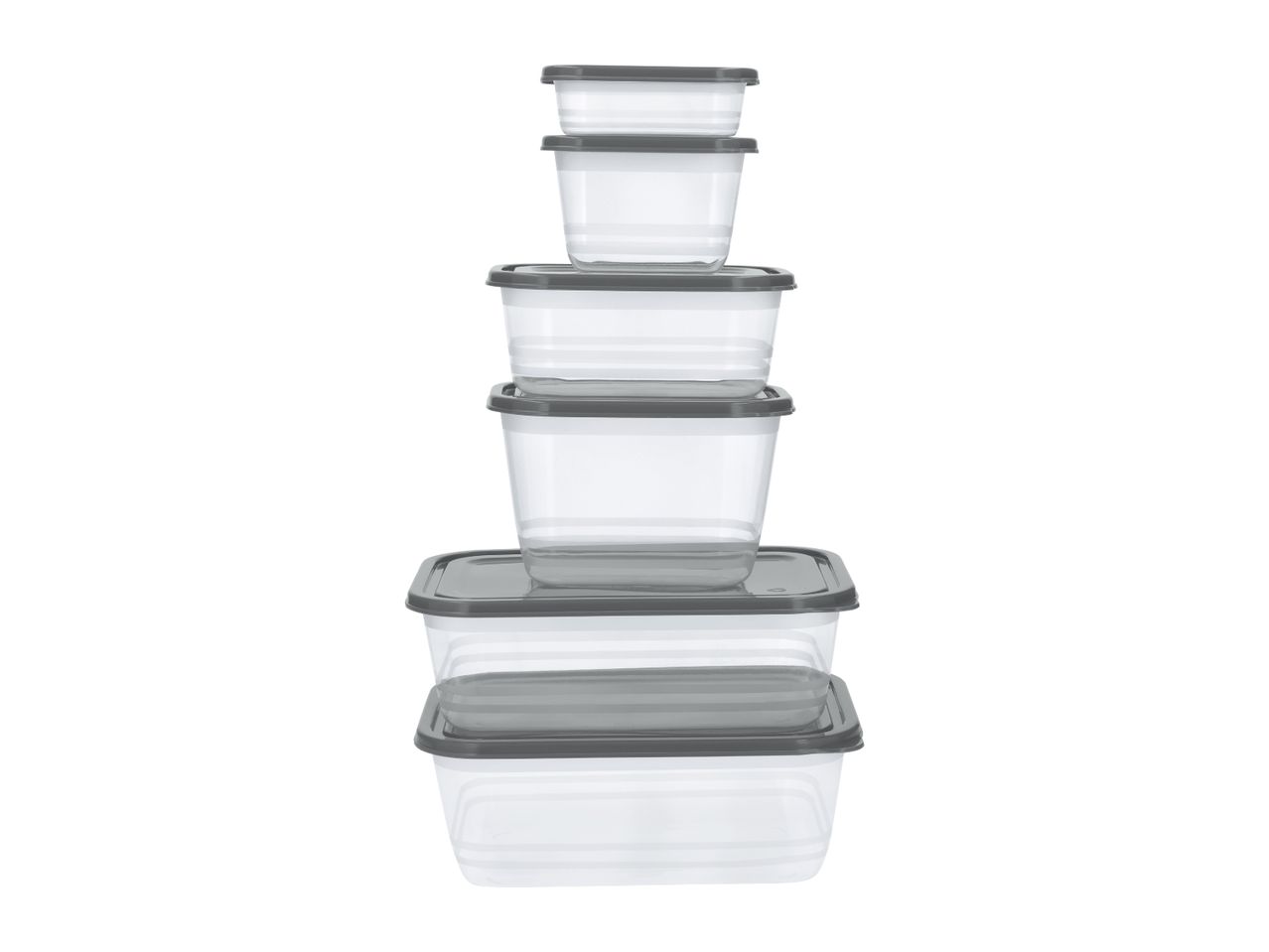 Stack of clear rectangular food storage containers with dark grey lids, varying in size.