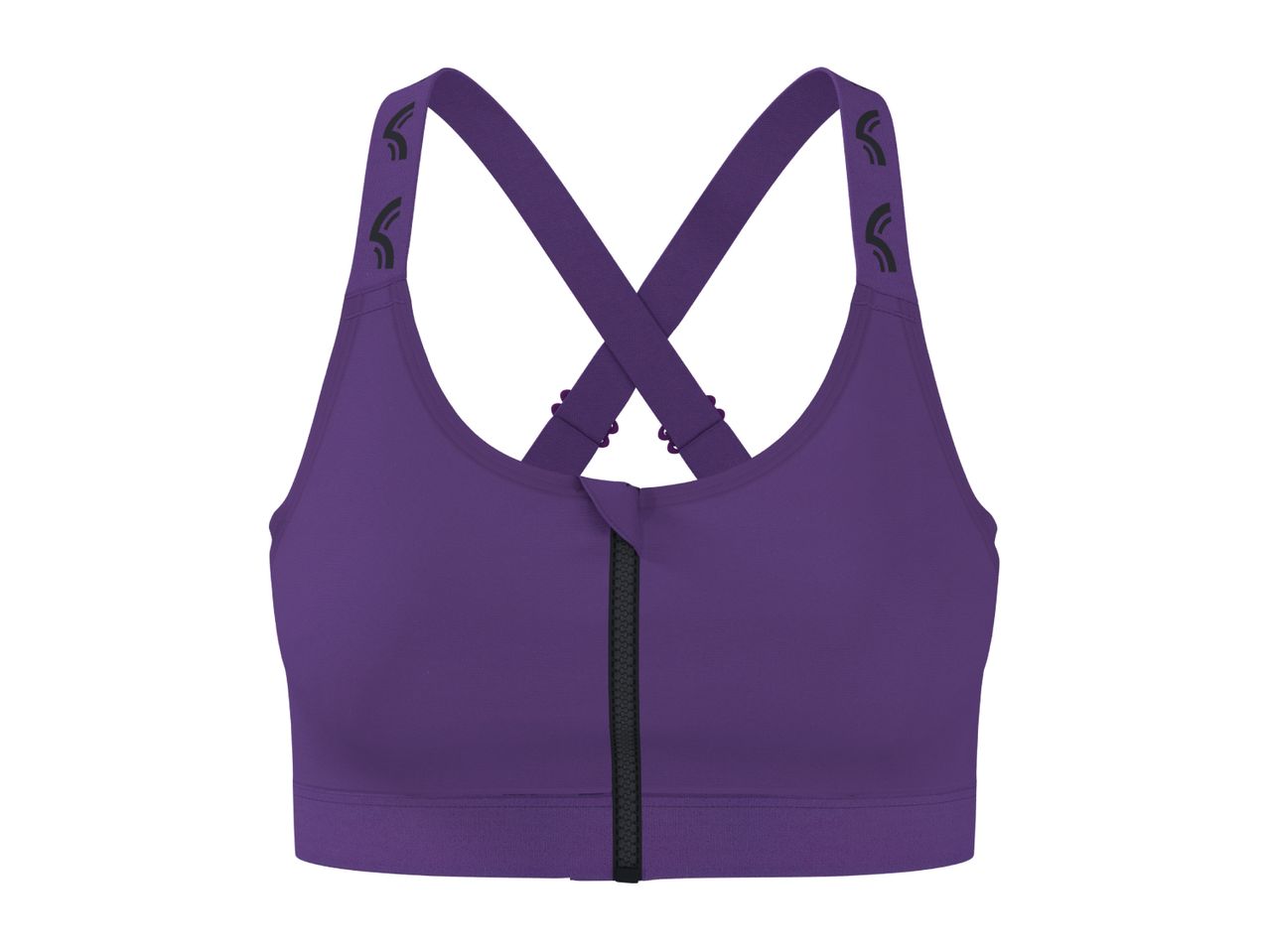 Purple sports bra with a front zipper and criss-cross back straps featuring a black pattern.
