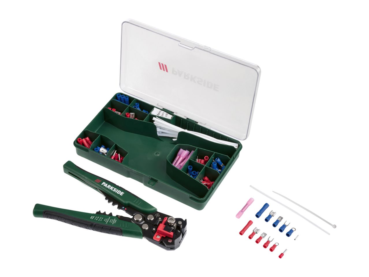 A set of wire strippers, crimping tool, and various electrical connectors in a storage box.